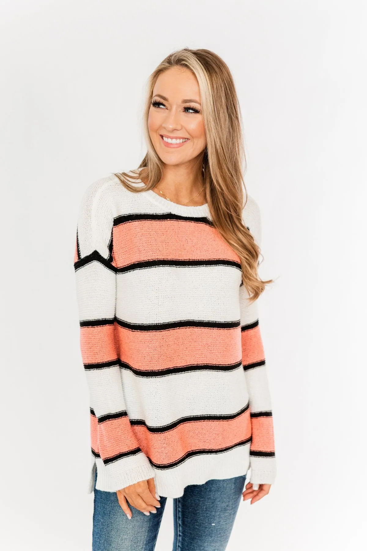 Oh So Soft Striped Knit Sweater- Coral