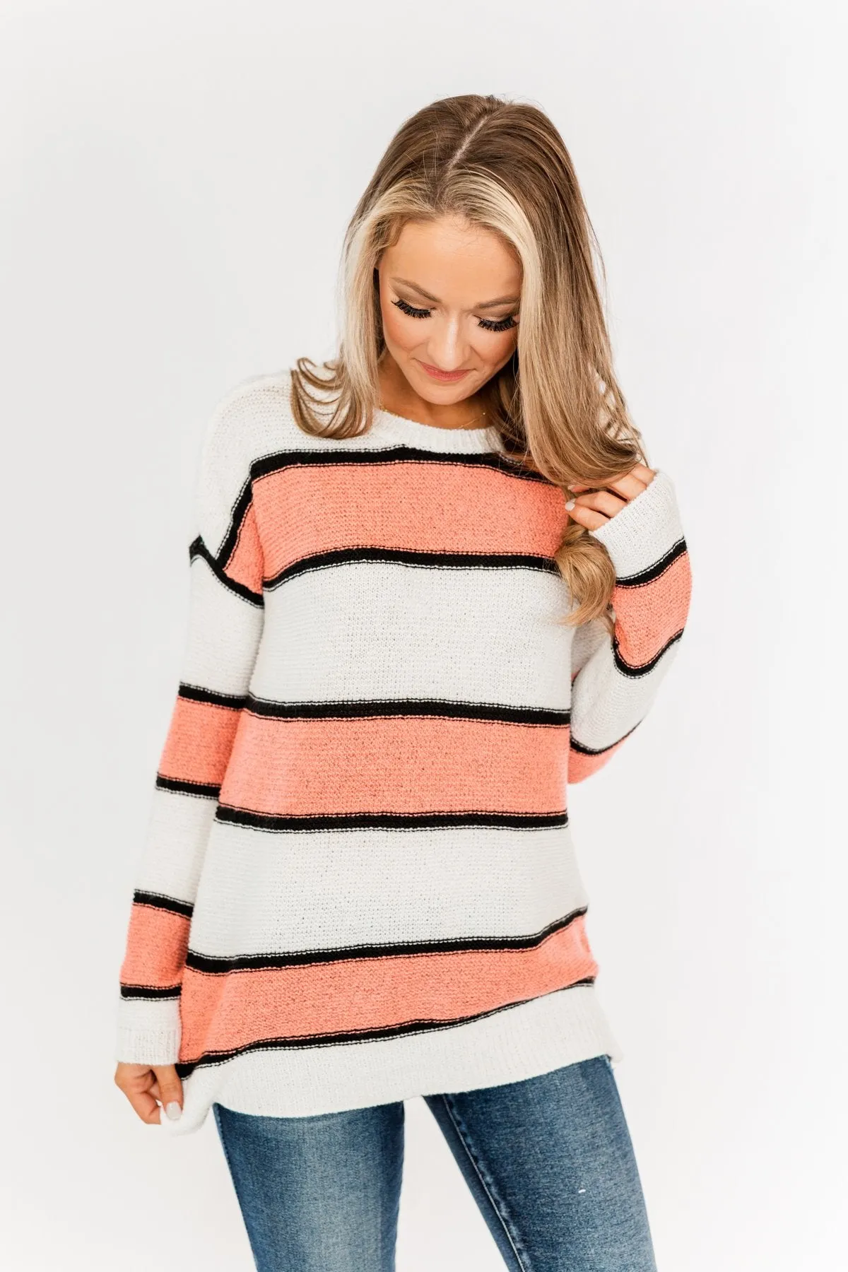 Oh So Soft Striped Knit Sweater- Coral