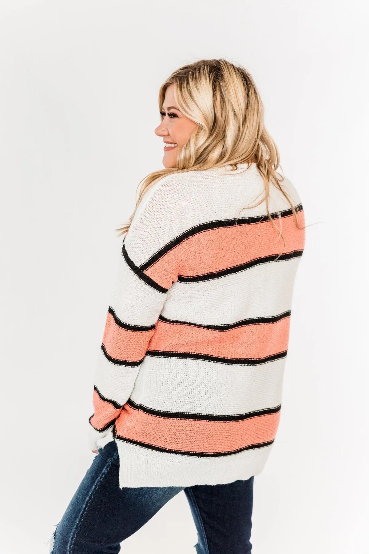 Oh So Soft Striped Knit Sweater- Coral