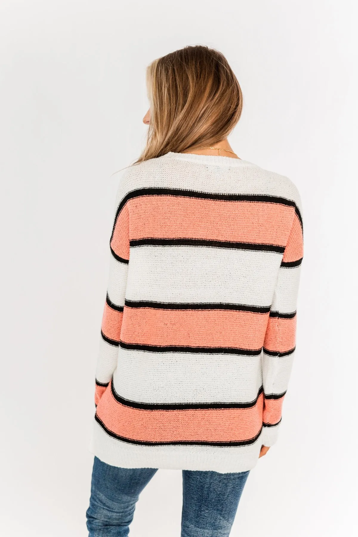 Oh So Soft Striped Knit Sweater- Coral