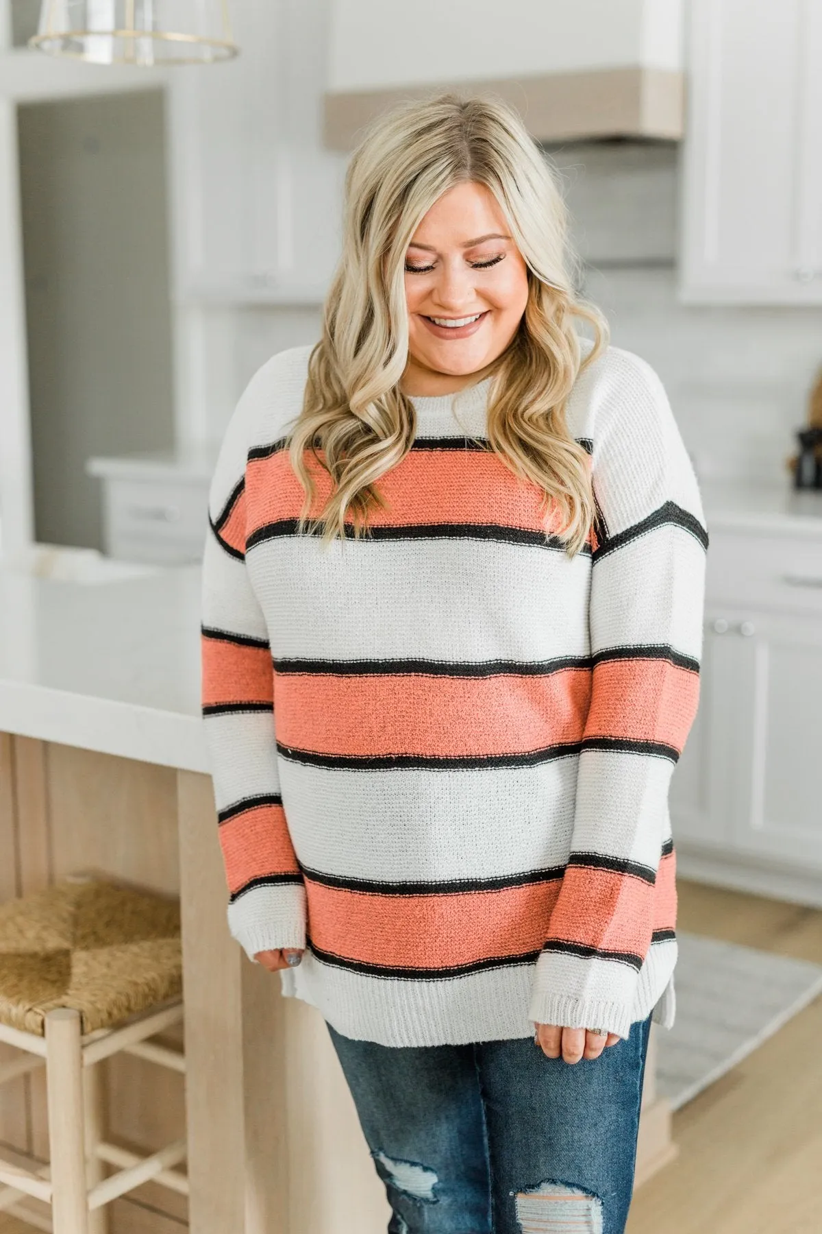 Oh So Soft Striped Knit Sweater- Coral