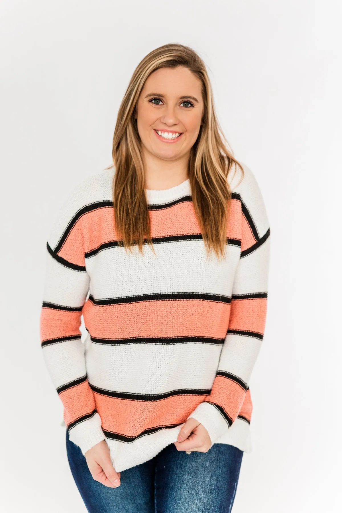 Oh So Soft Striped Knit Sweater- Coral