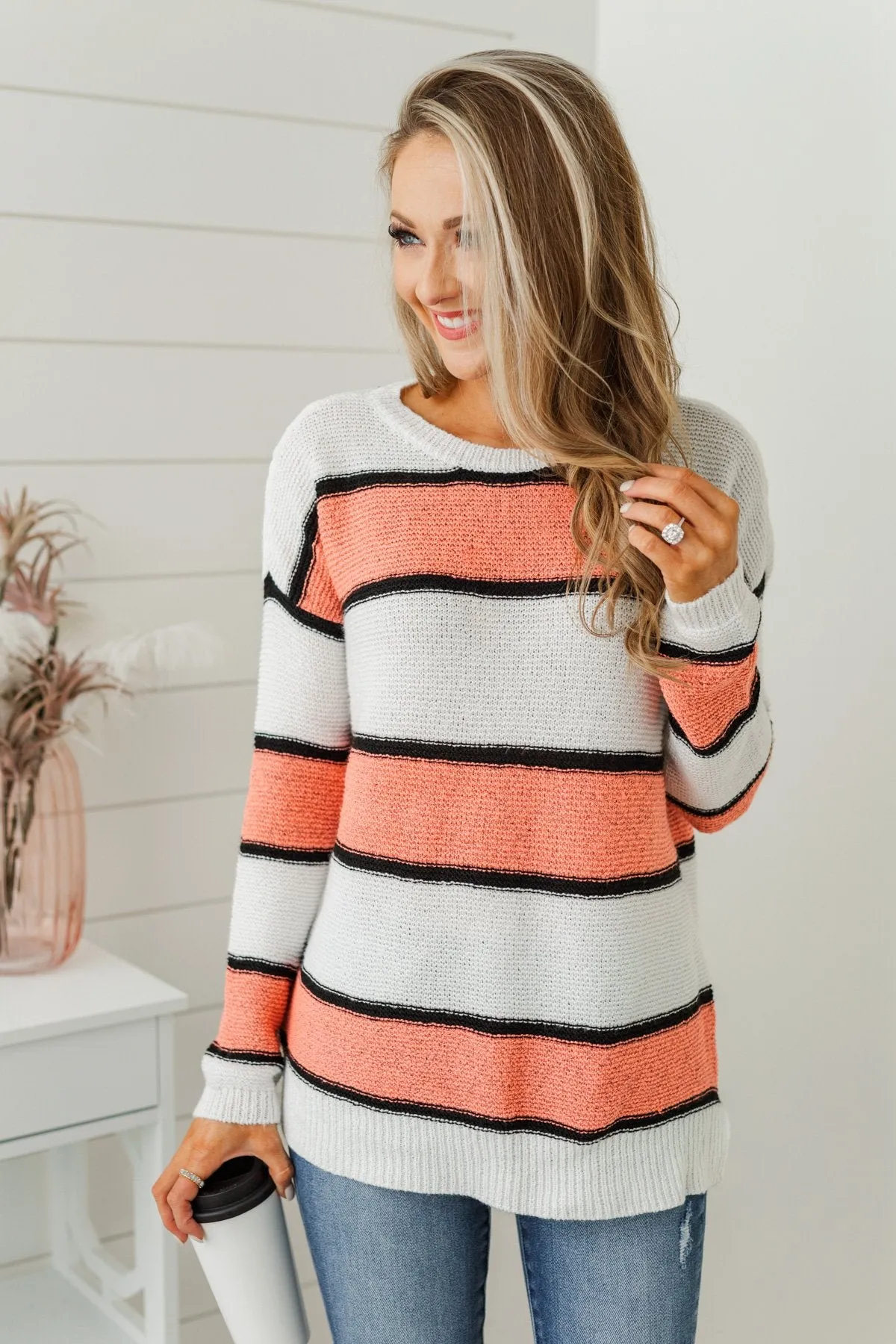 Oh So Soft Striped Knit Sweater- Coral