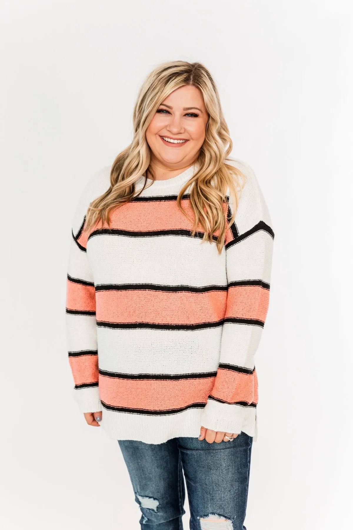 Oh So Soft Striped Knit Sweater- Coral