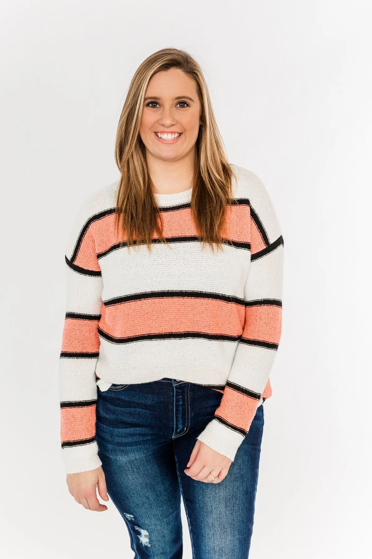 Oh So Soft Striped Knit Sweater- Coral