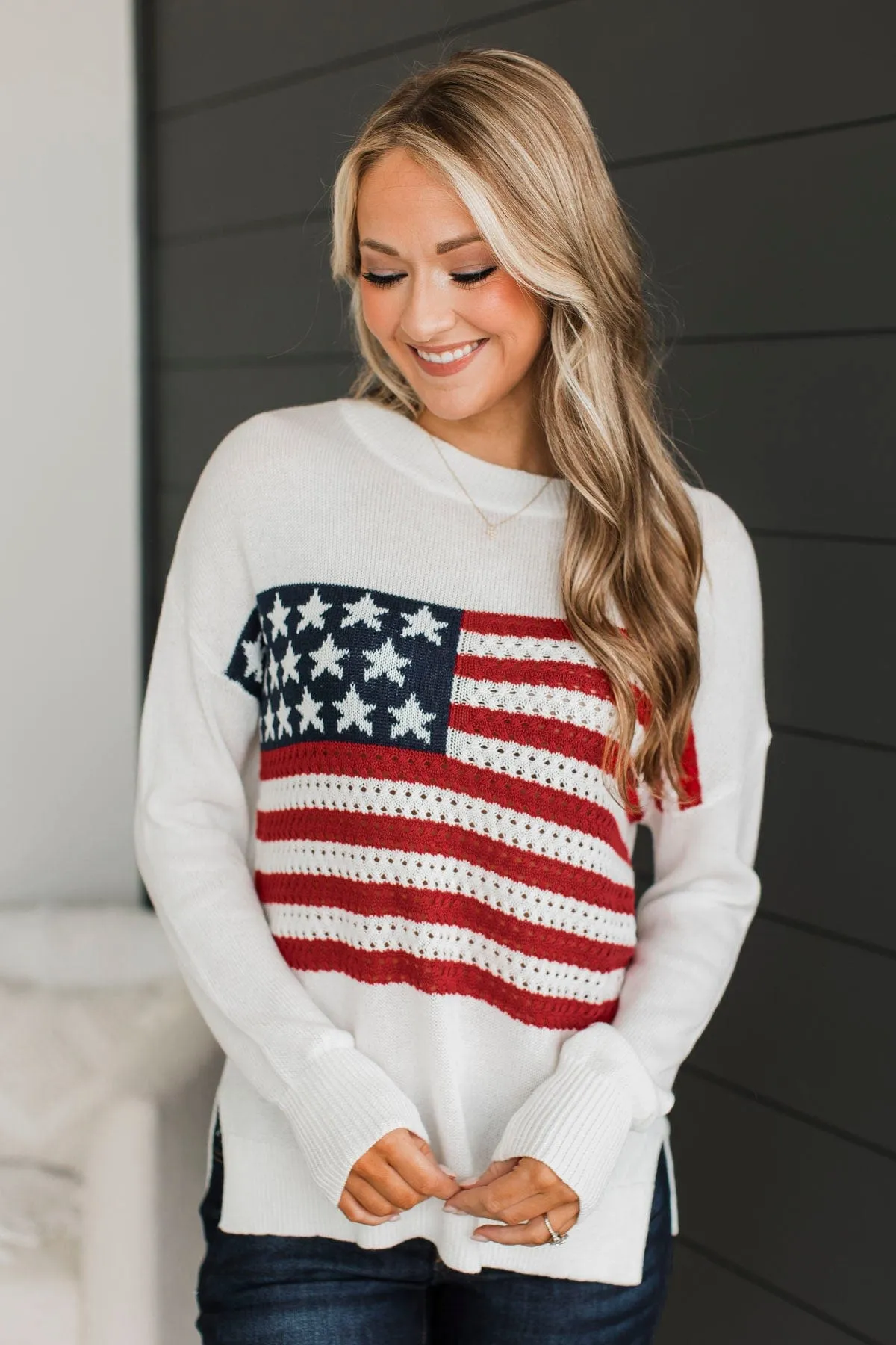 Patriotic Pride American Flag Knit Sweater- Ivory