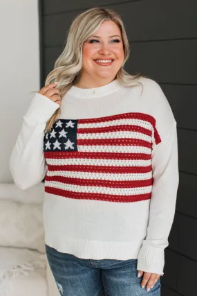 Patriotic Pride American Flag Knit Sweater- Ivory