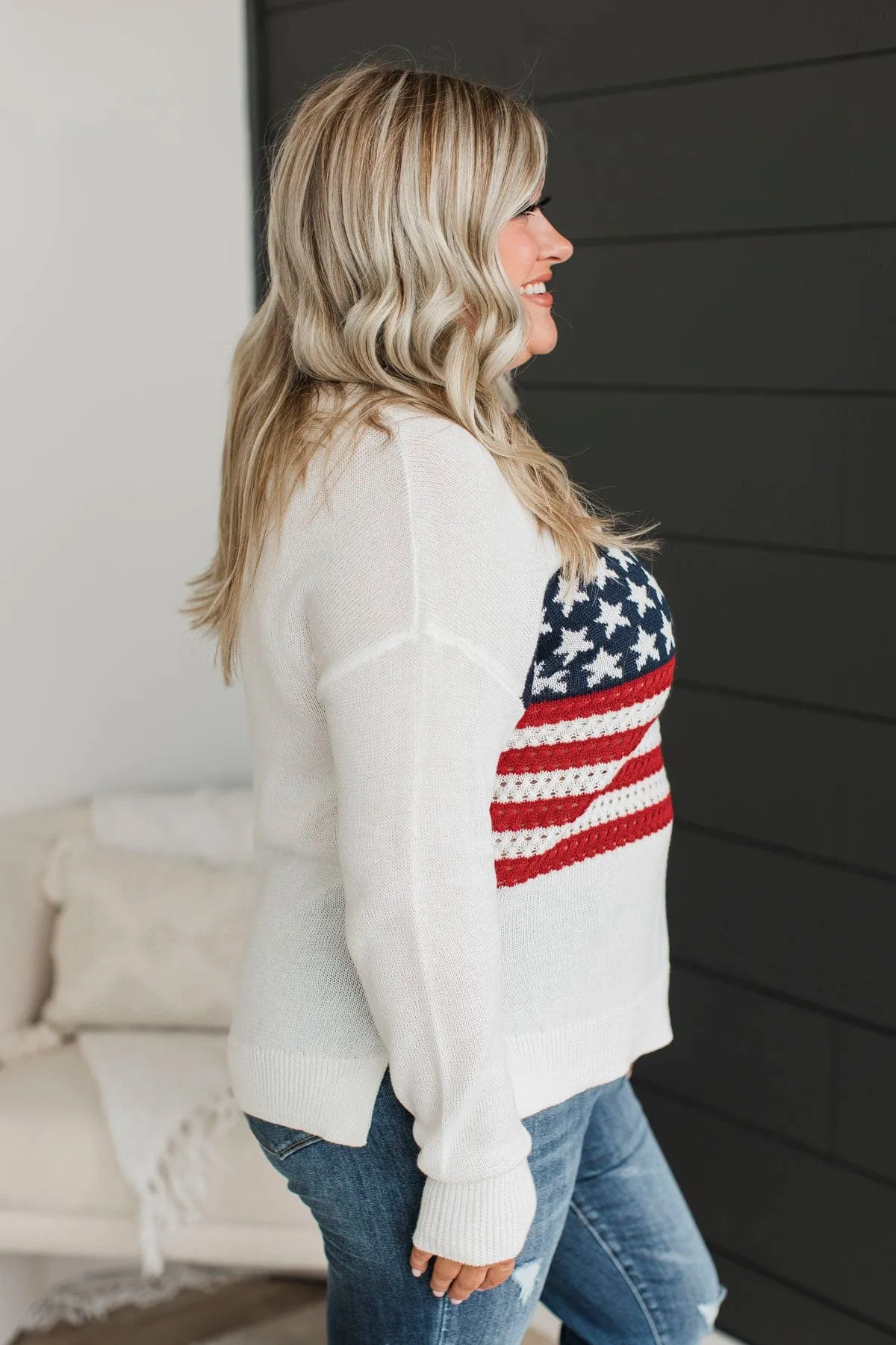 Patriotic Pride American Flag Knit Sweater- Ivory