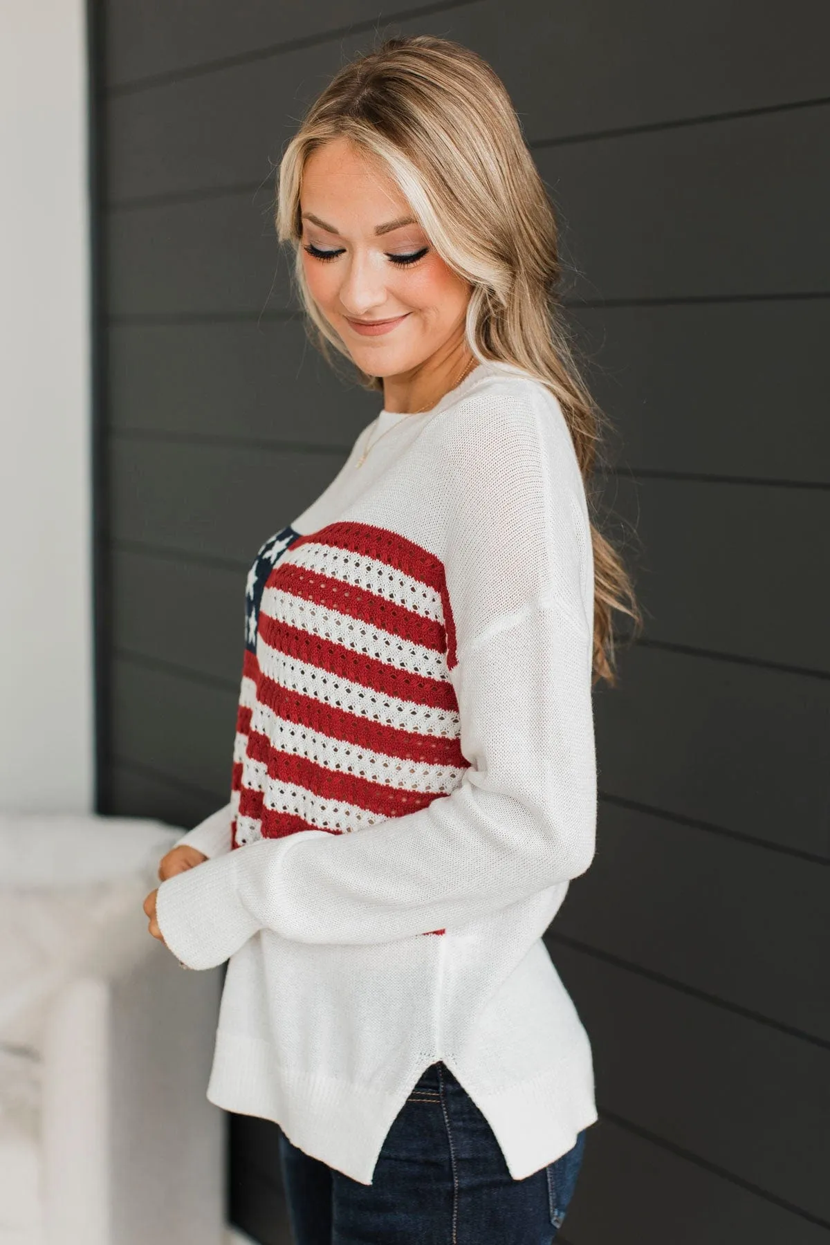 Patriotic Pride American Flag Knit Sweater- Ivory