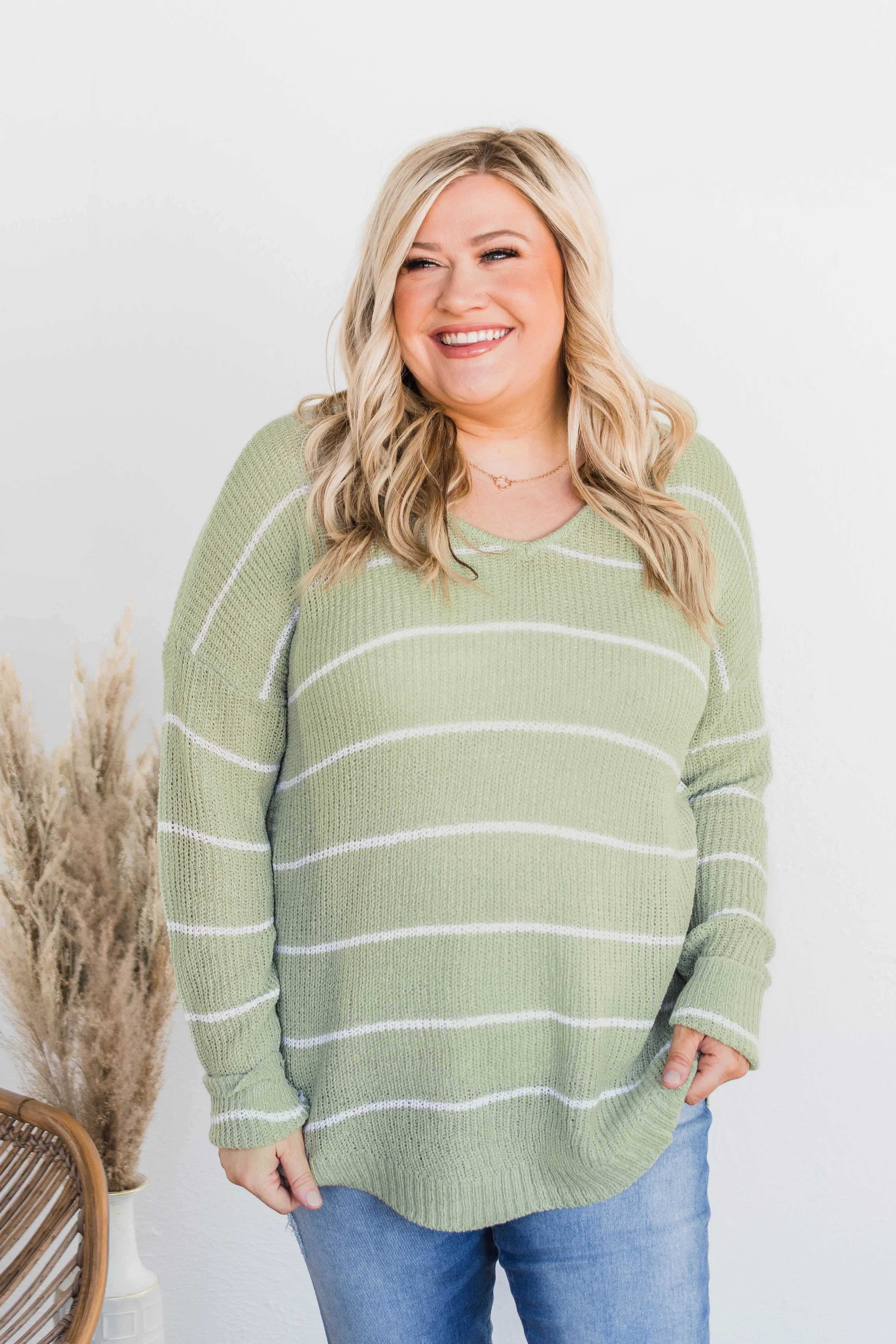 Pot Of Gold Striped Sweater- Light Sage