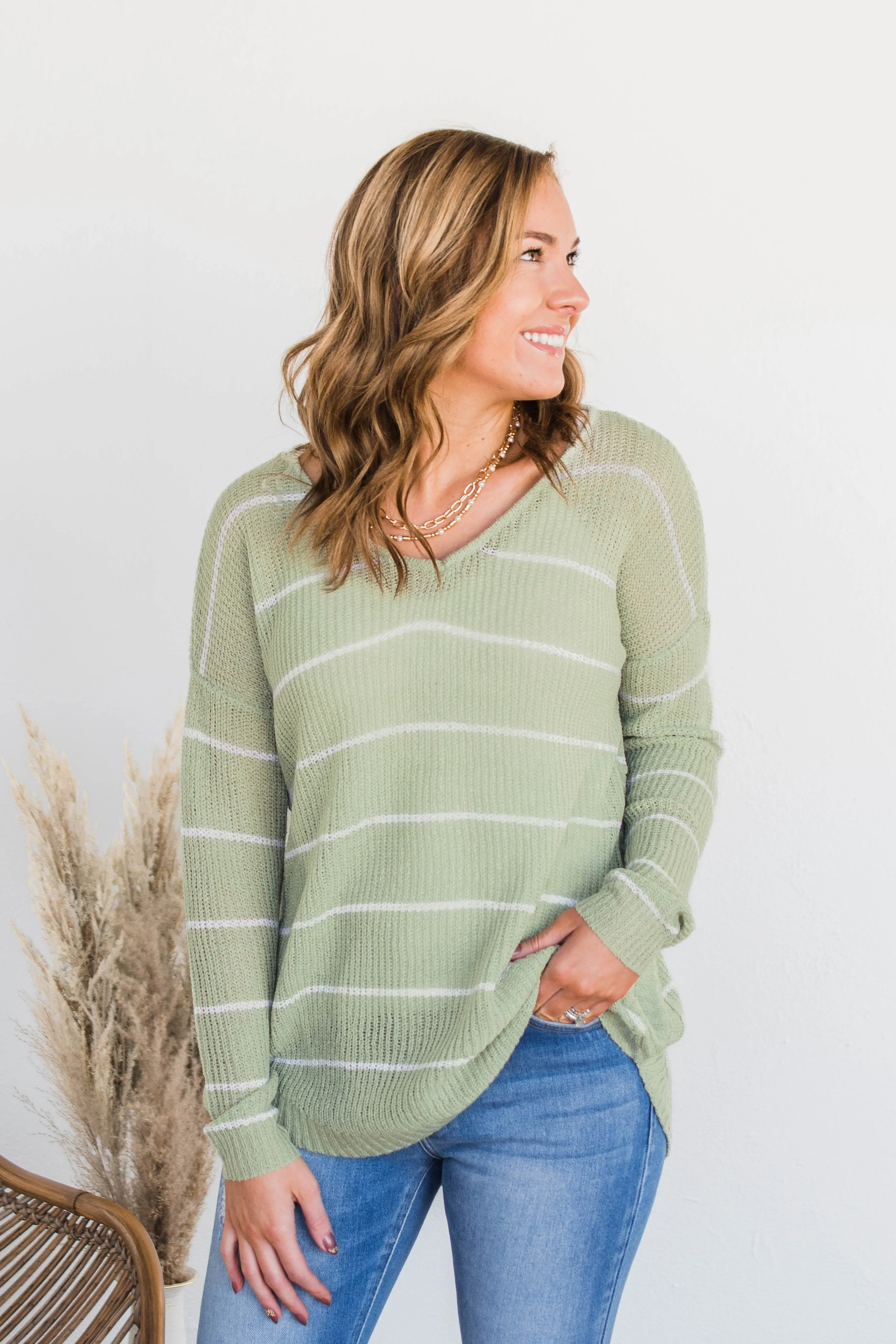 Pot Of Gold Striped Sweater- Light Sage