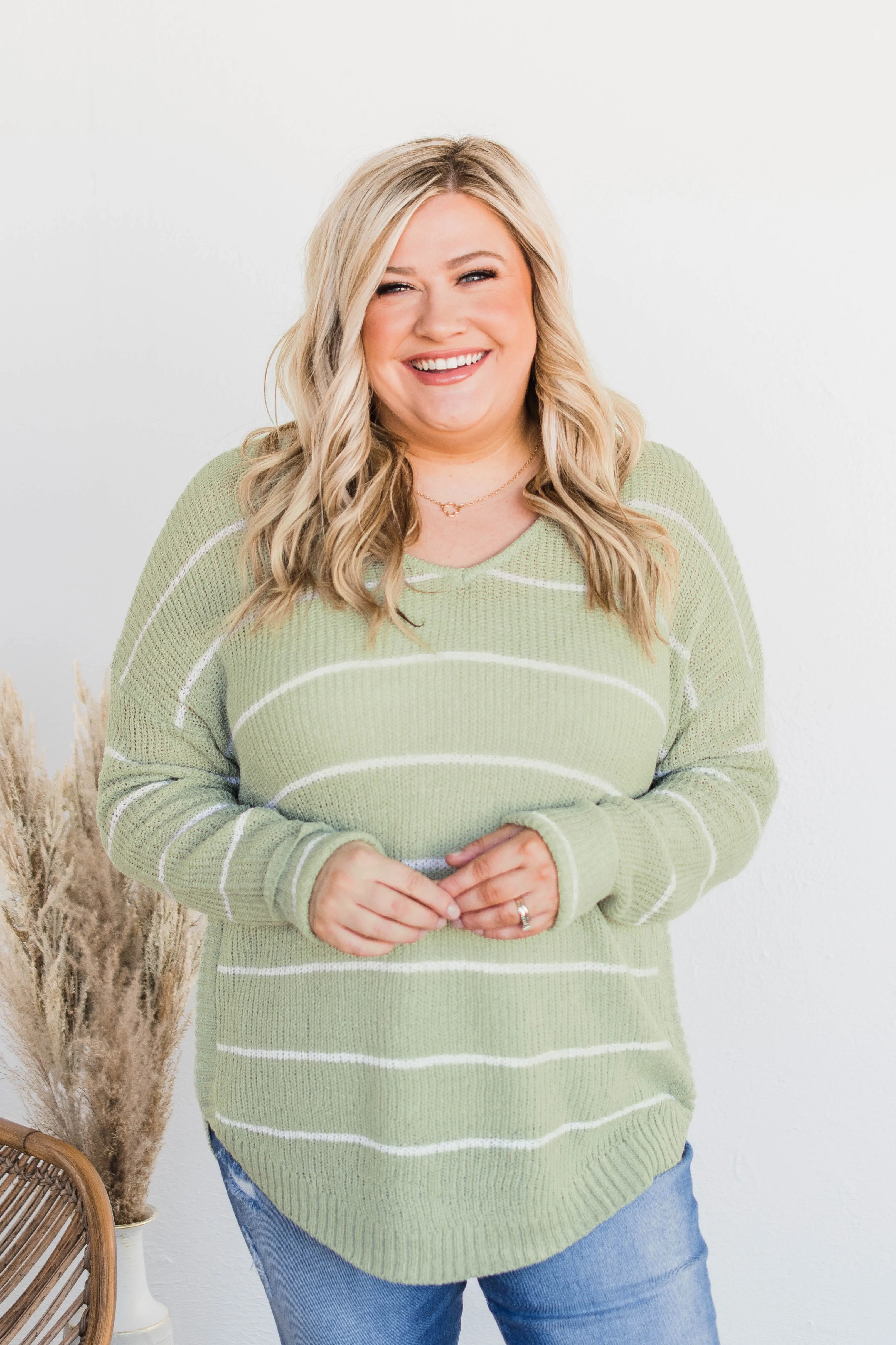 Pot Of Gold Striped Sweater- Light Sage