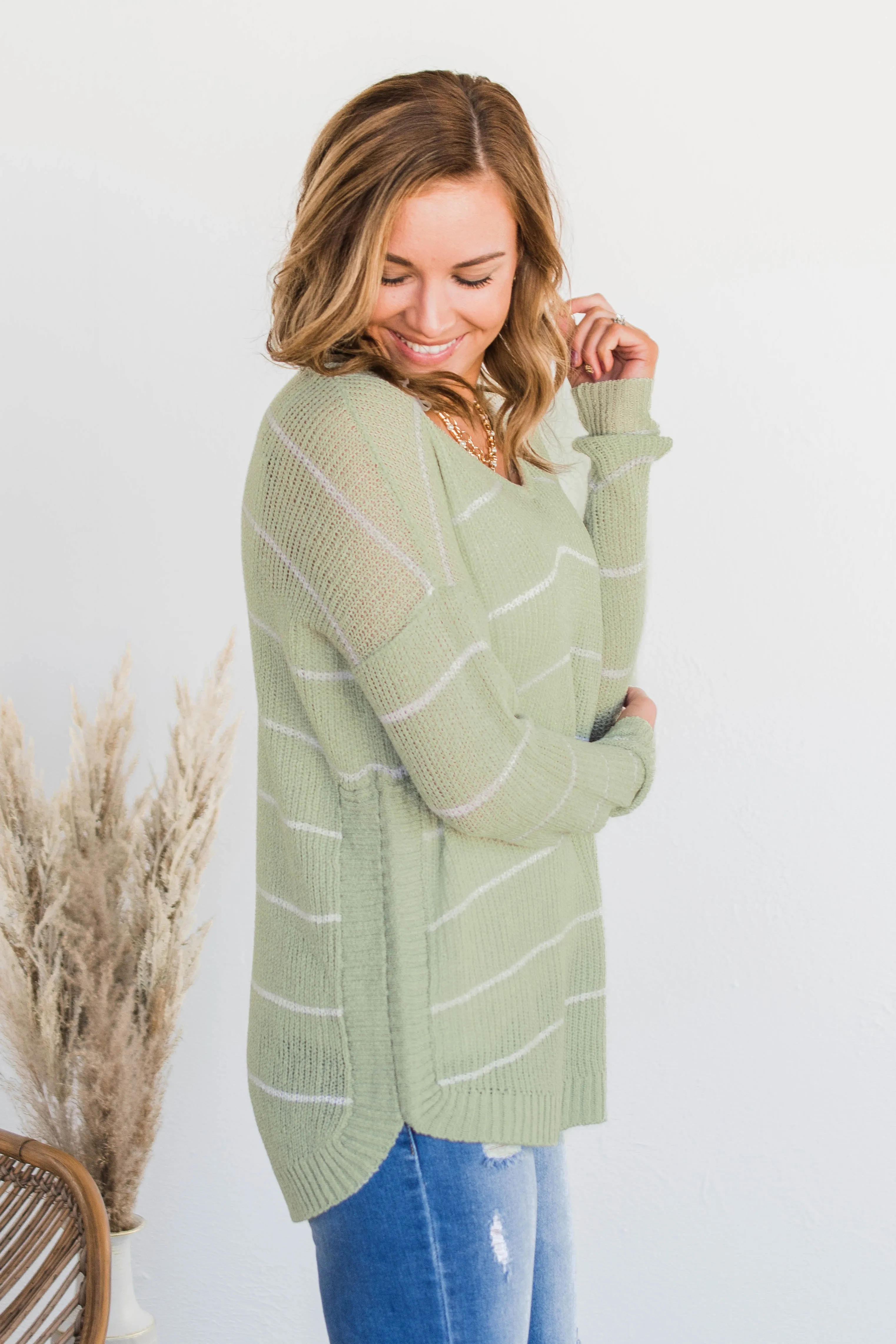 Pot Of Gold Striped Sweater- Light Sage