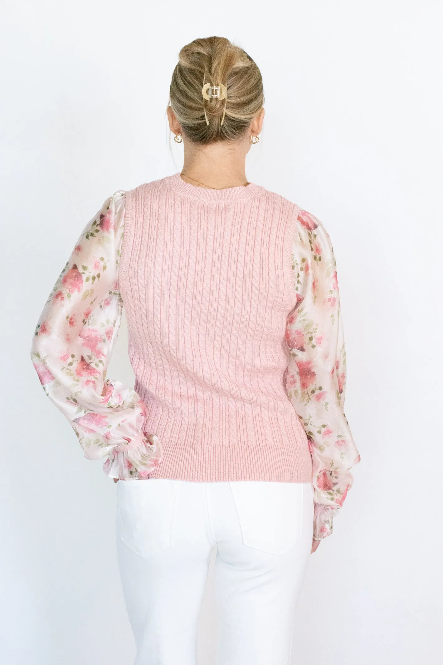 Pursuing Sweetness Floral Print Cable Knit Sweater