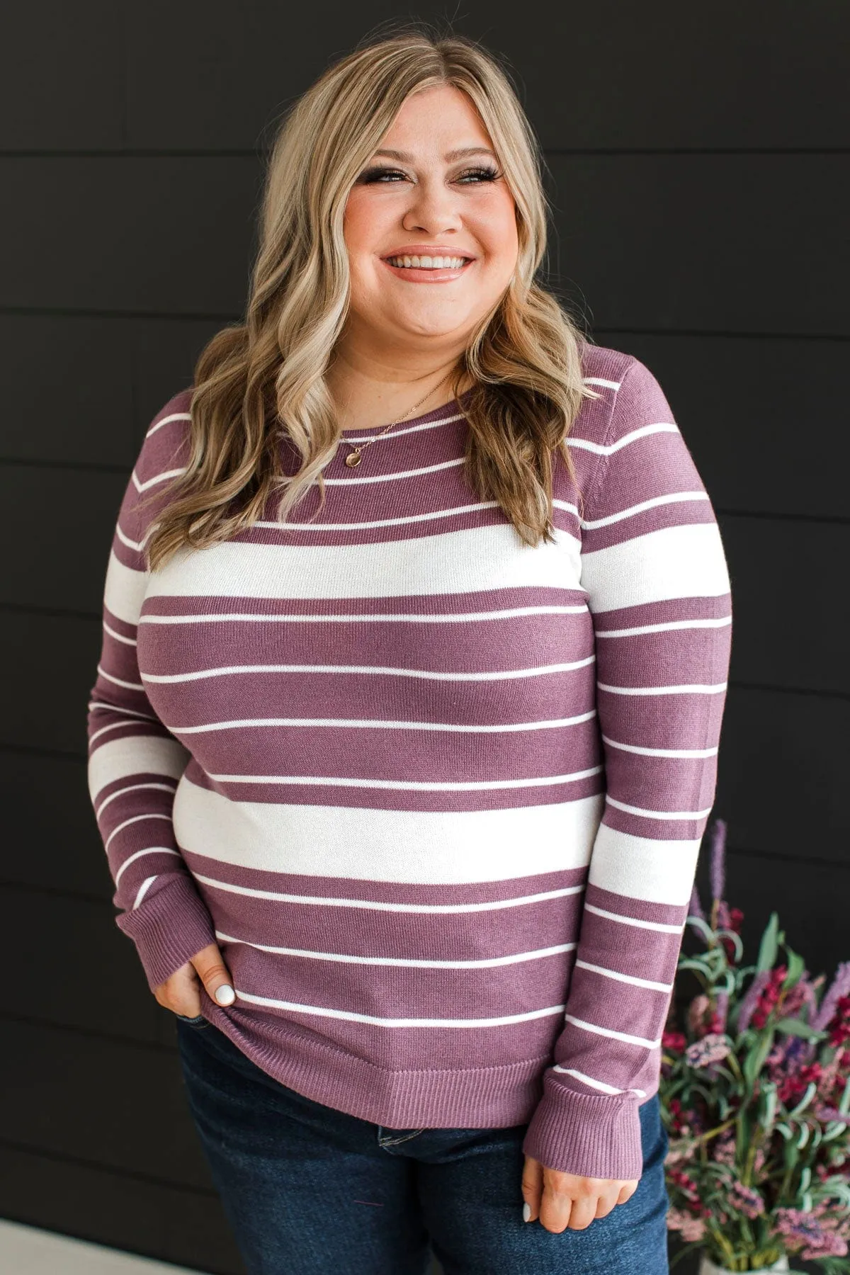 Roll With It Striped Sweater- Dark Lavender