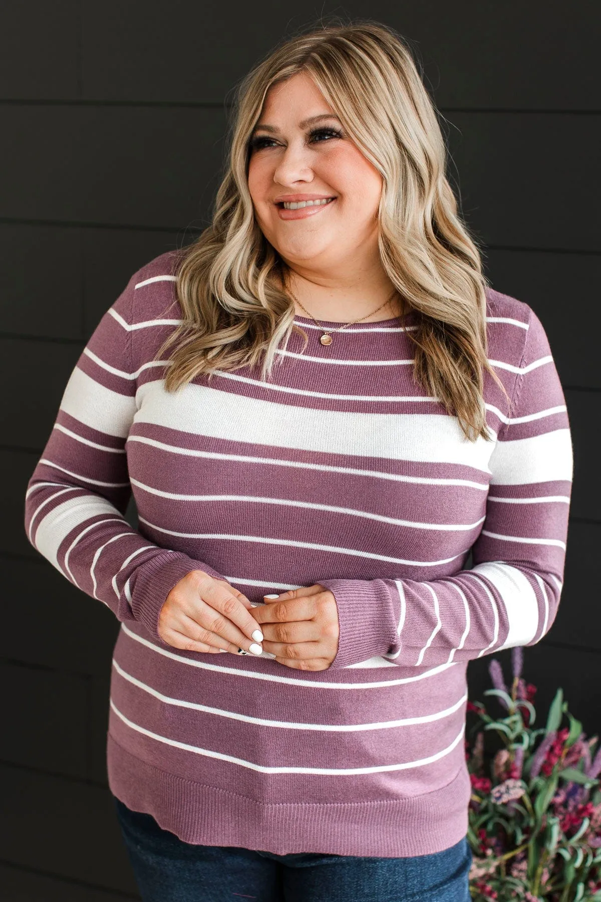 Roll With It Striped Sweater- Dark Lavender