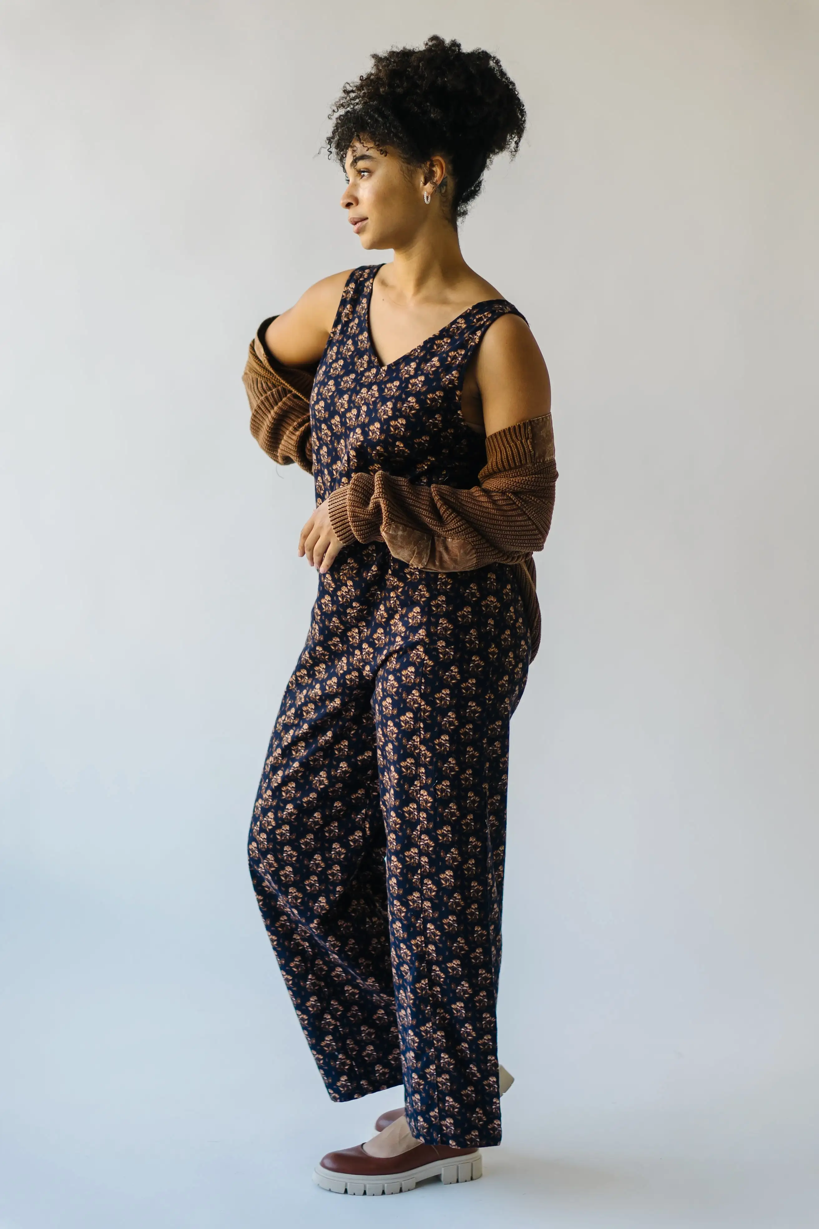 The Elmury V-Neck Jumpsuit in Navy Corduroy