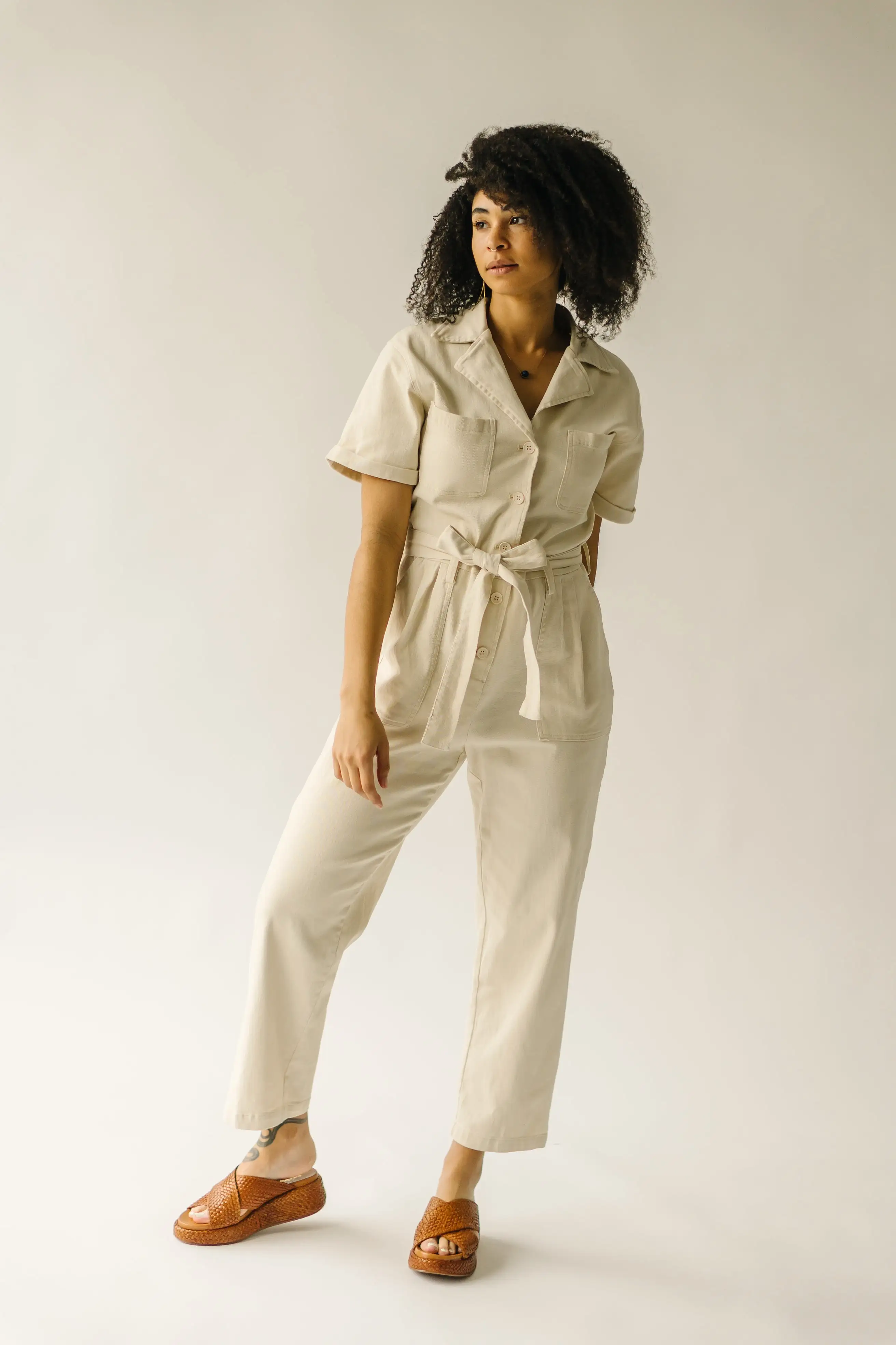 The Fleming Tie Denim Jumpsuit in Natural