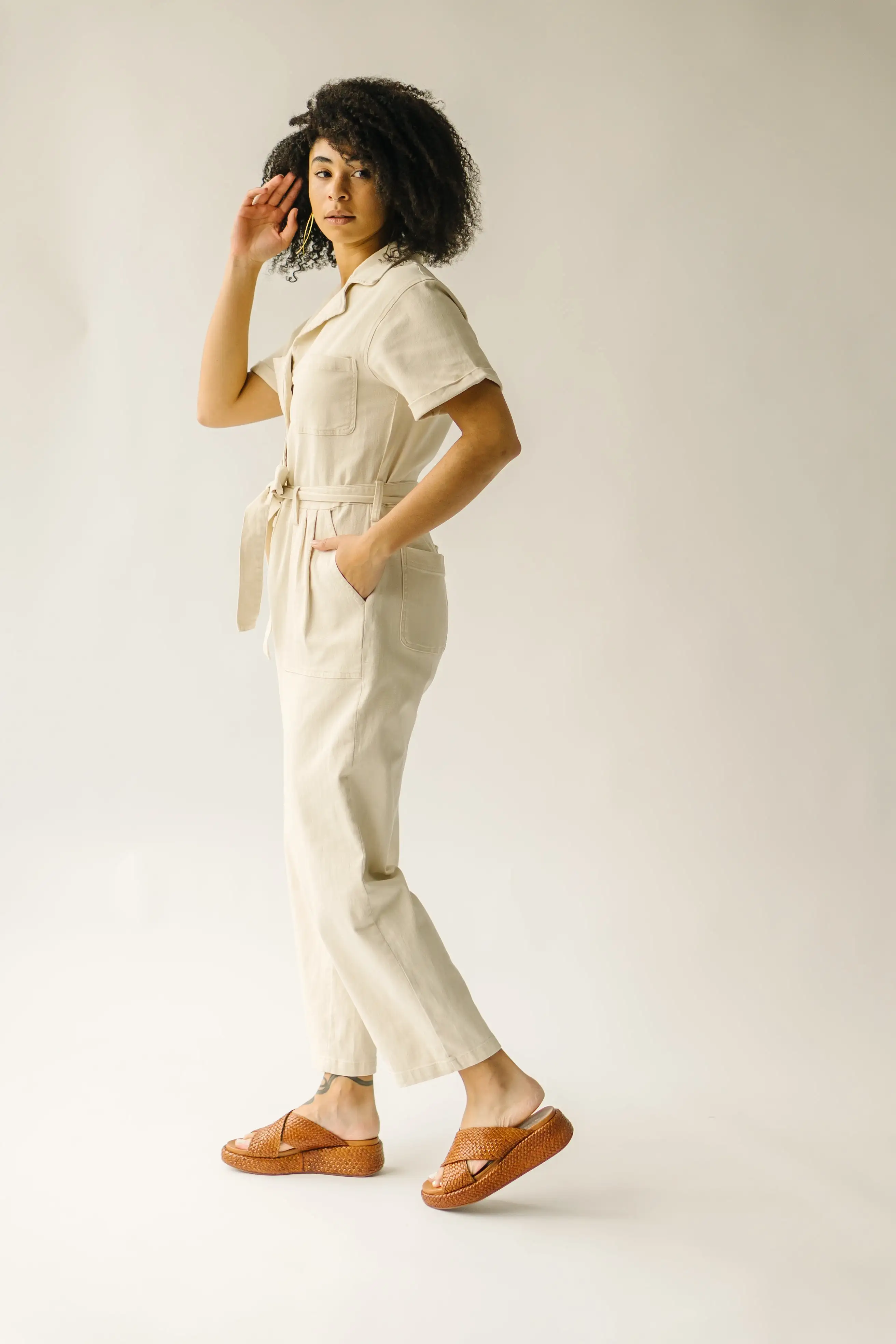 The Fleming Tie Denim Jumpsuit in Natural