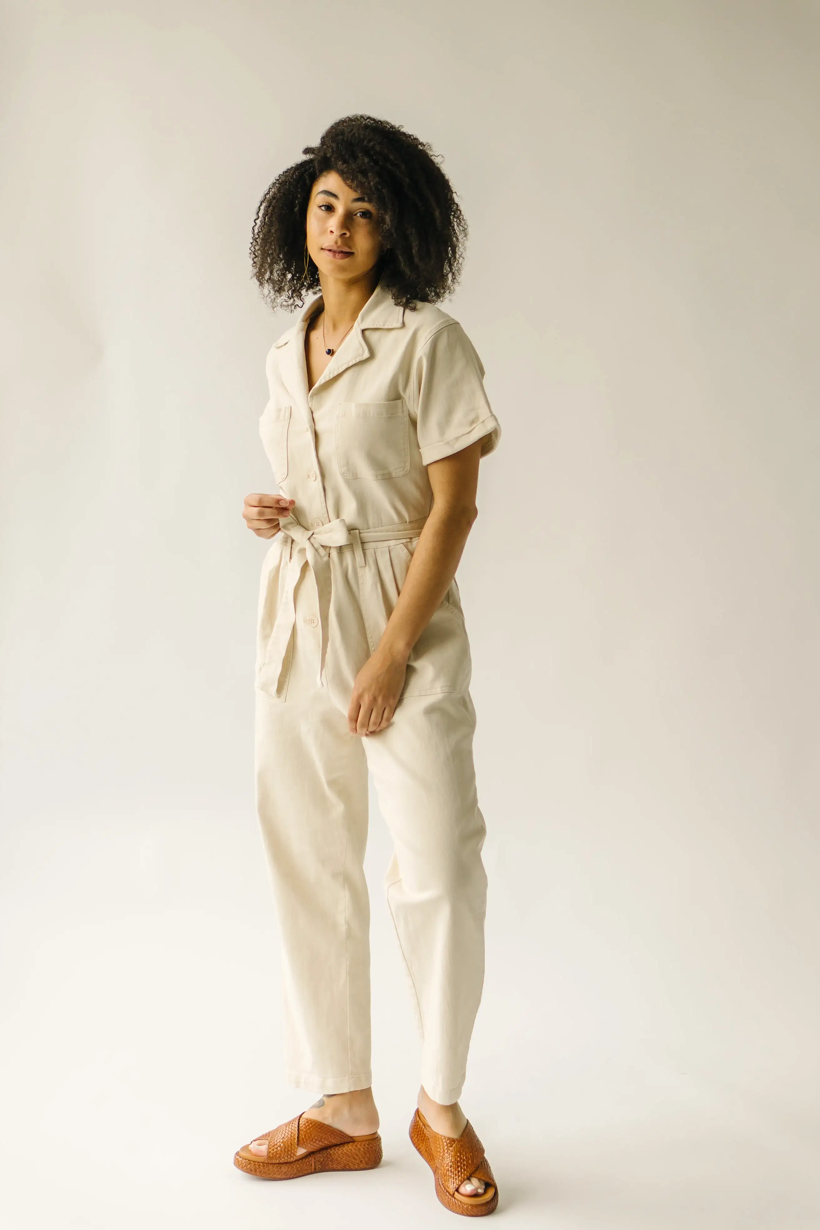 The Fleming Tie Denim Jumpsuit in Natural