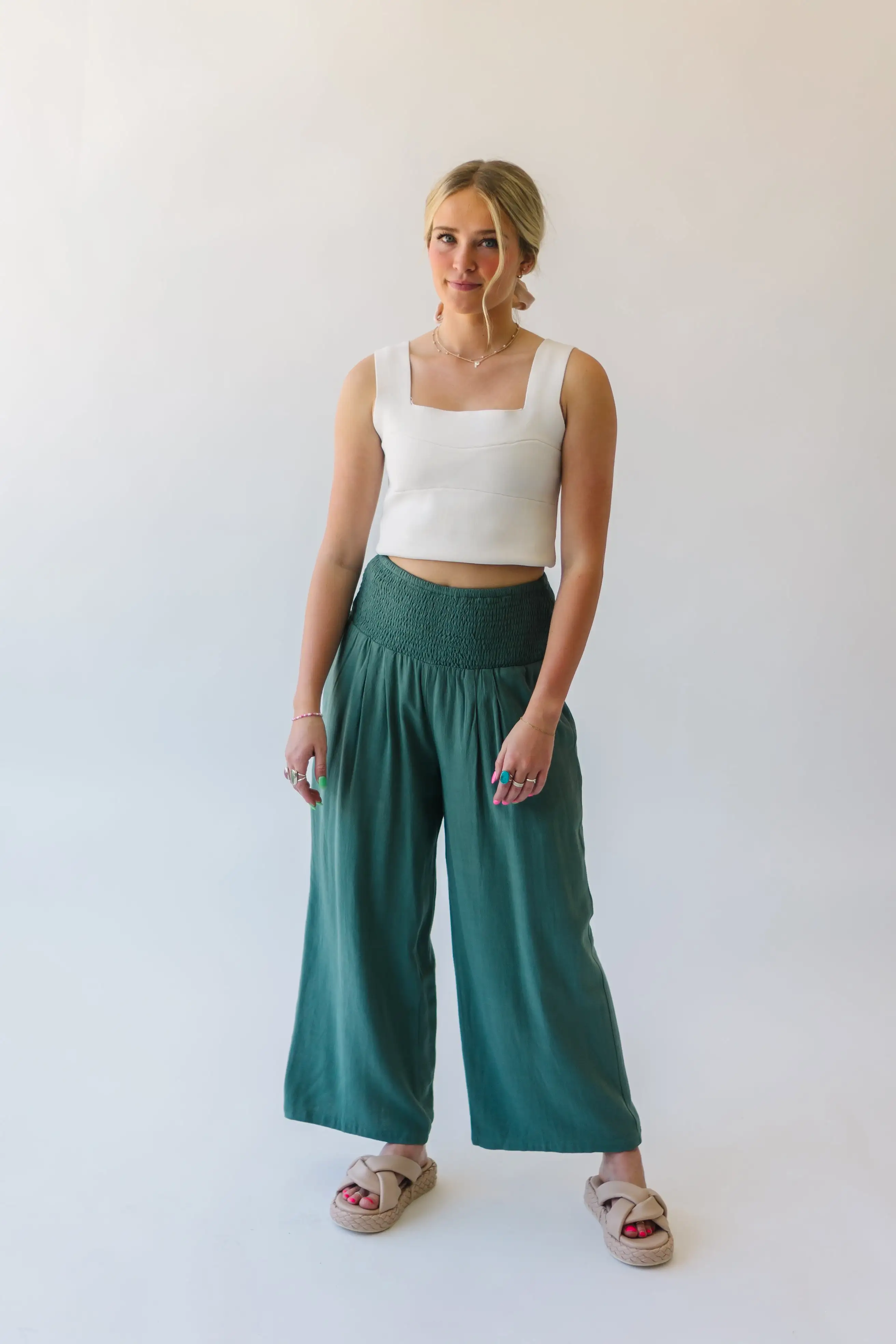 The Leawood Smocked Detail Pant in Sage Linen