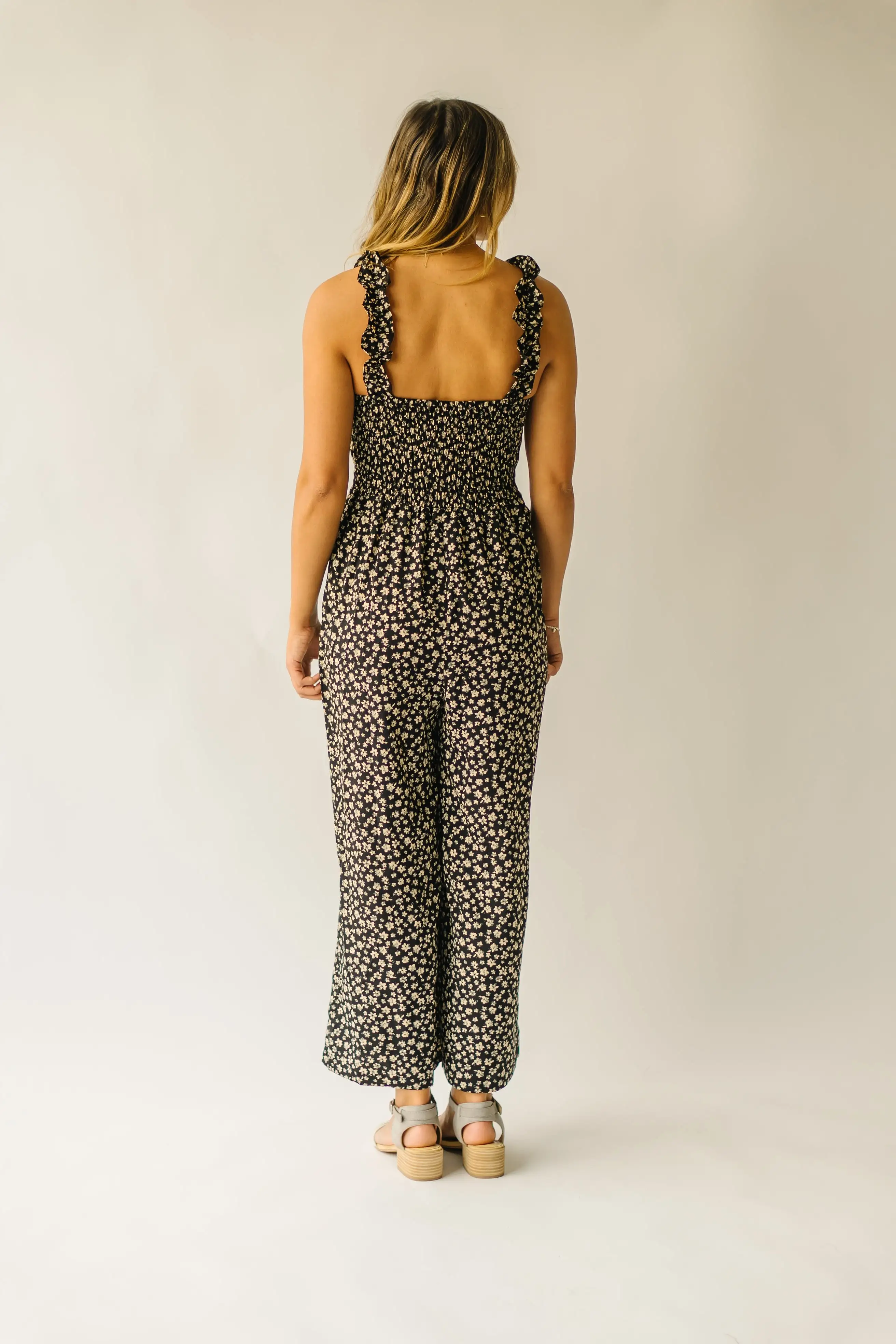 The Rosette Floral Tank Jumpsuit in Black