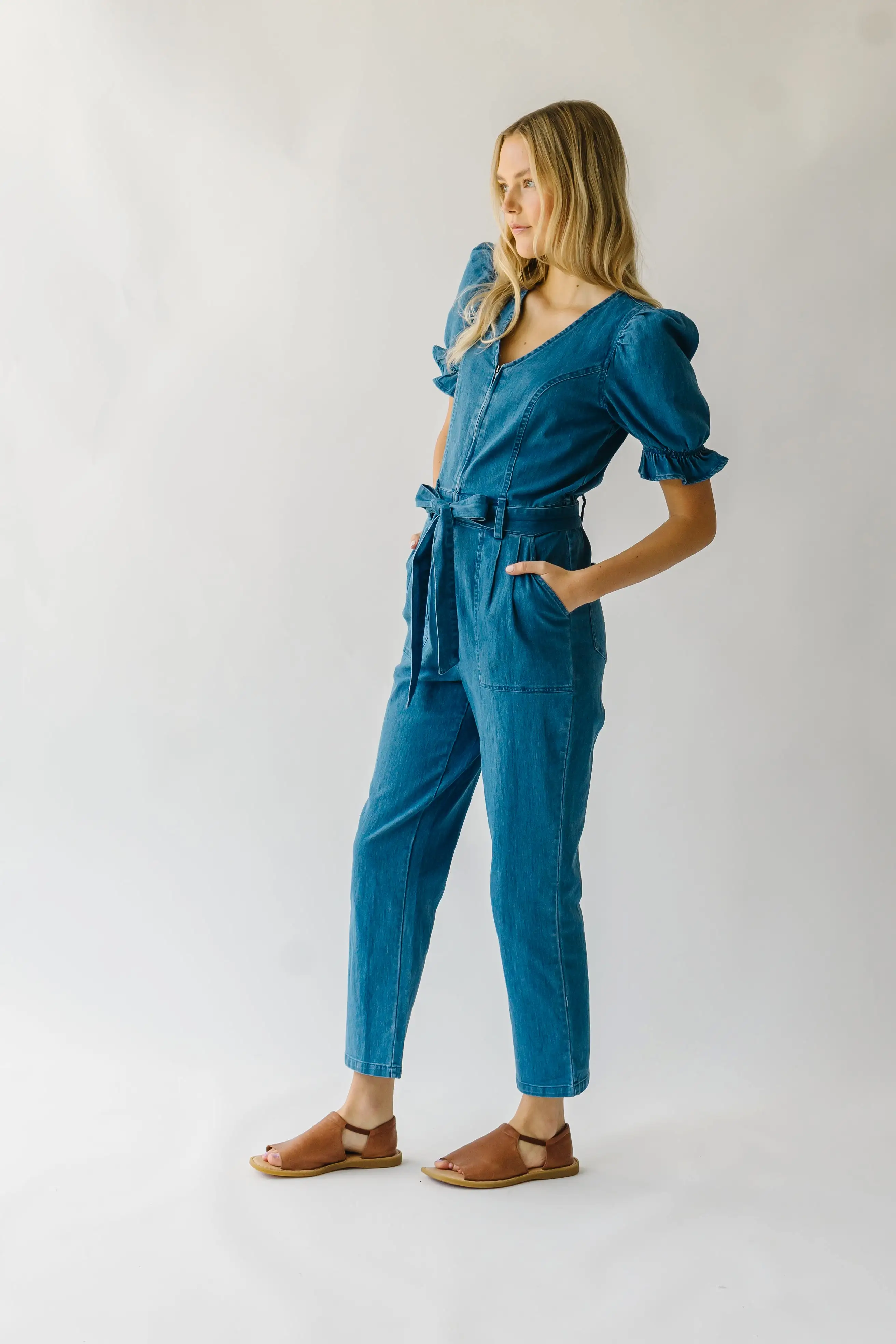 The Roxand Puff Sleeve Jumpsuit in Denim