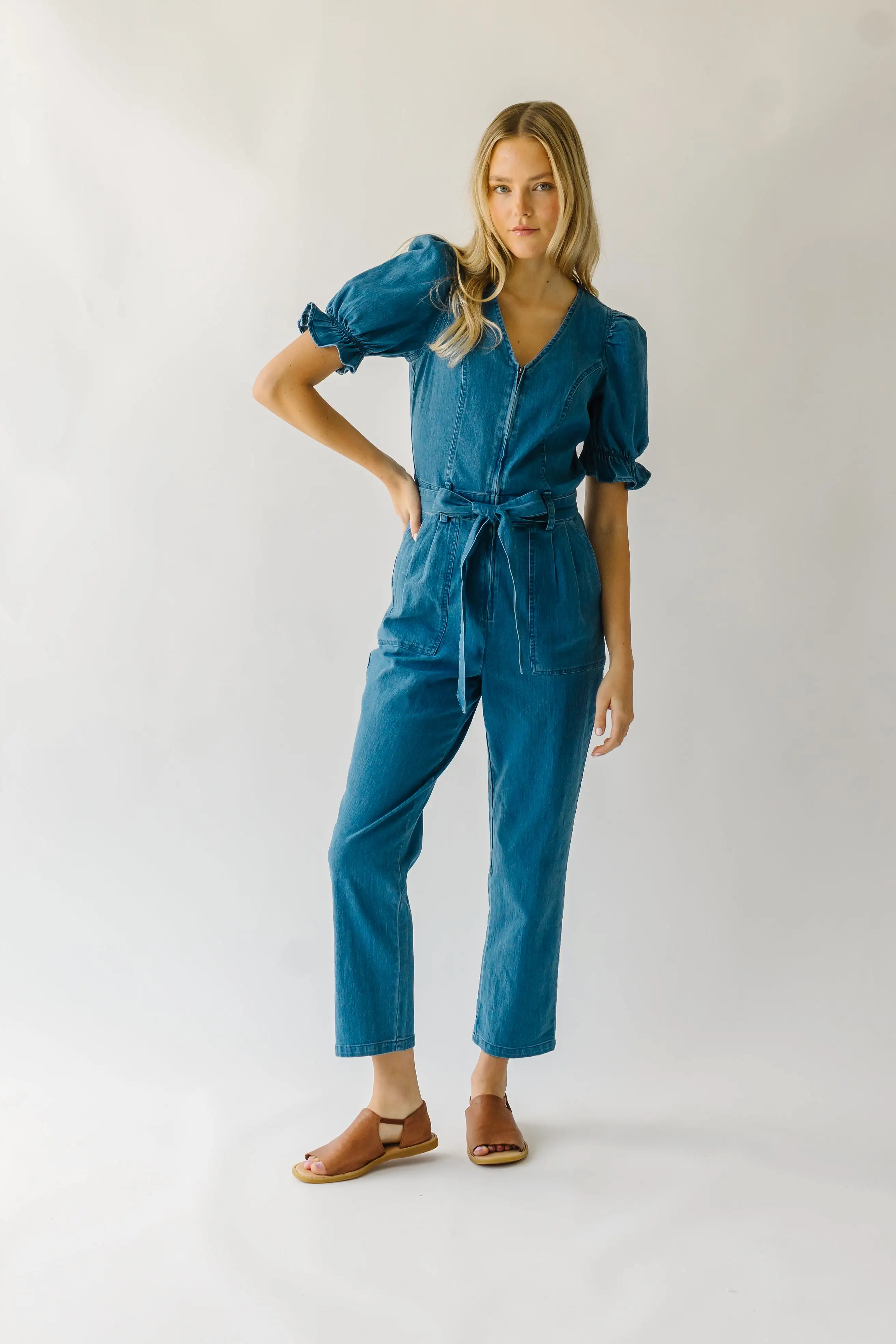 The Roxand Puff Sleeve Jumpsuit in Denim