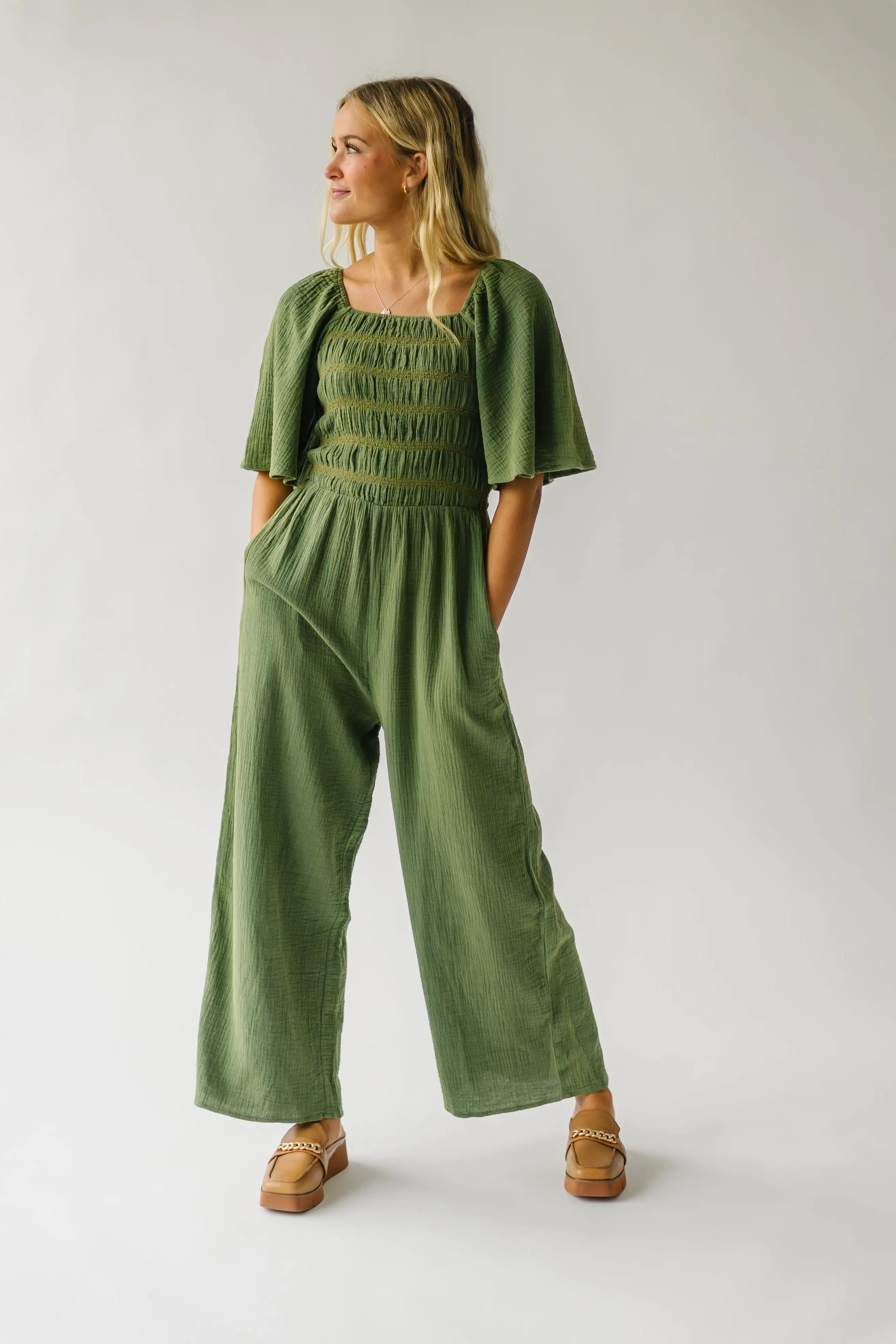 The Slater Smocked Detail Jumpsuit in Washed Green