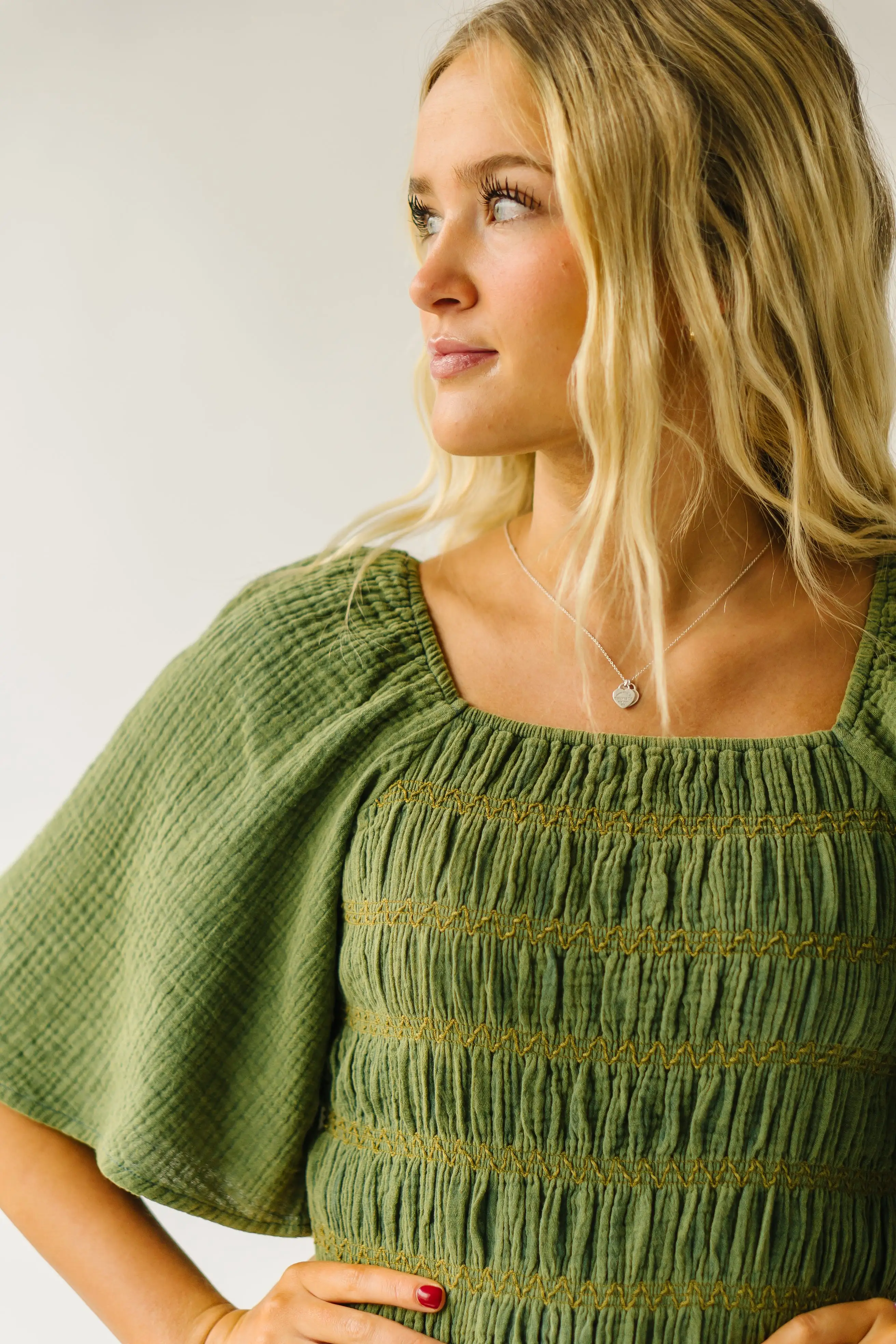 The Slater Smocked Detail Jumpsuit in Washed Green