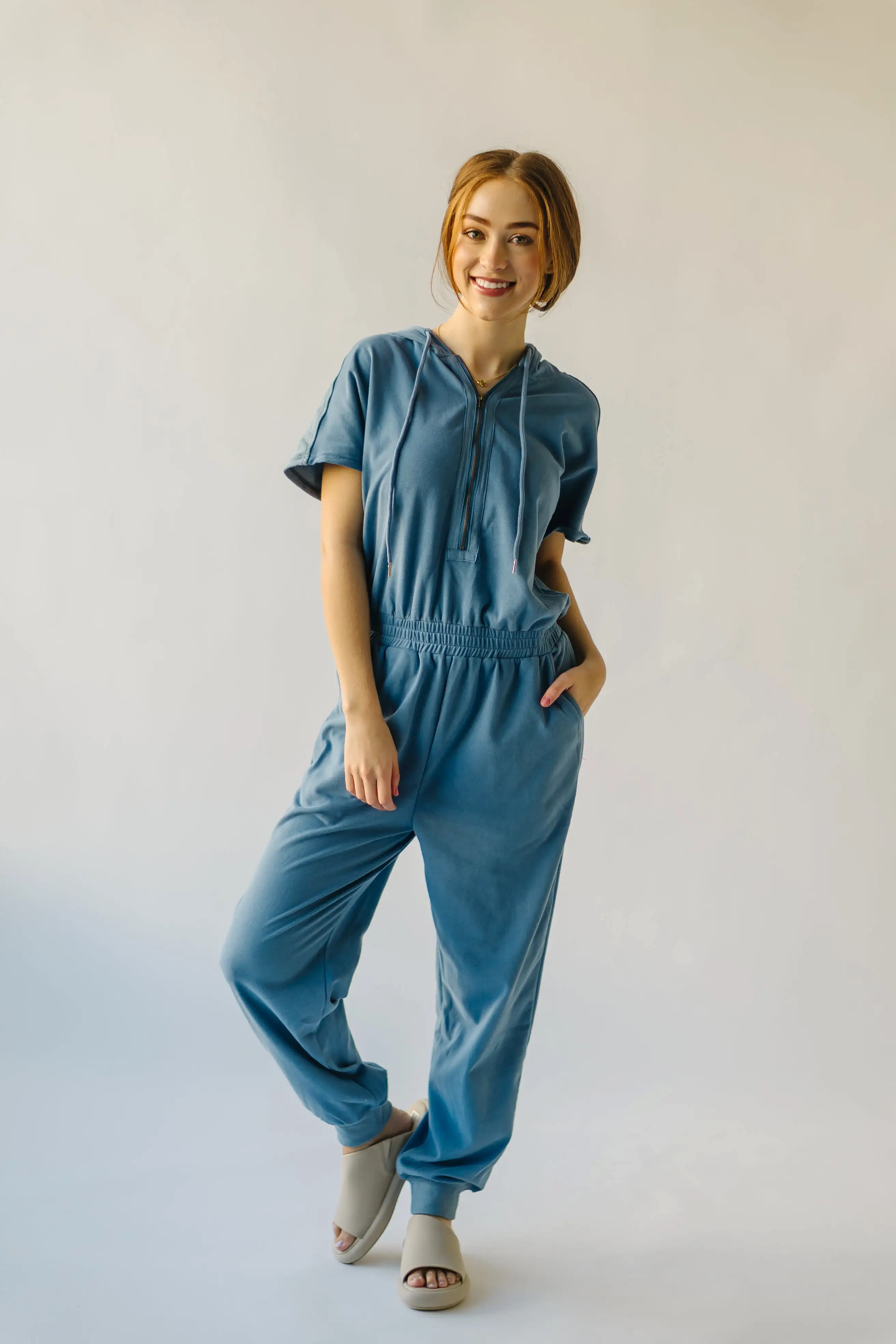 The Sullins Hooded Jumpsuit in Denim Blue