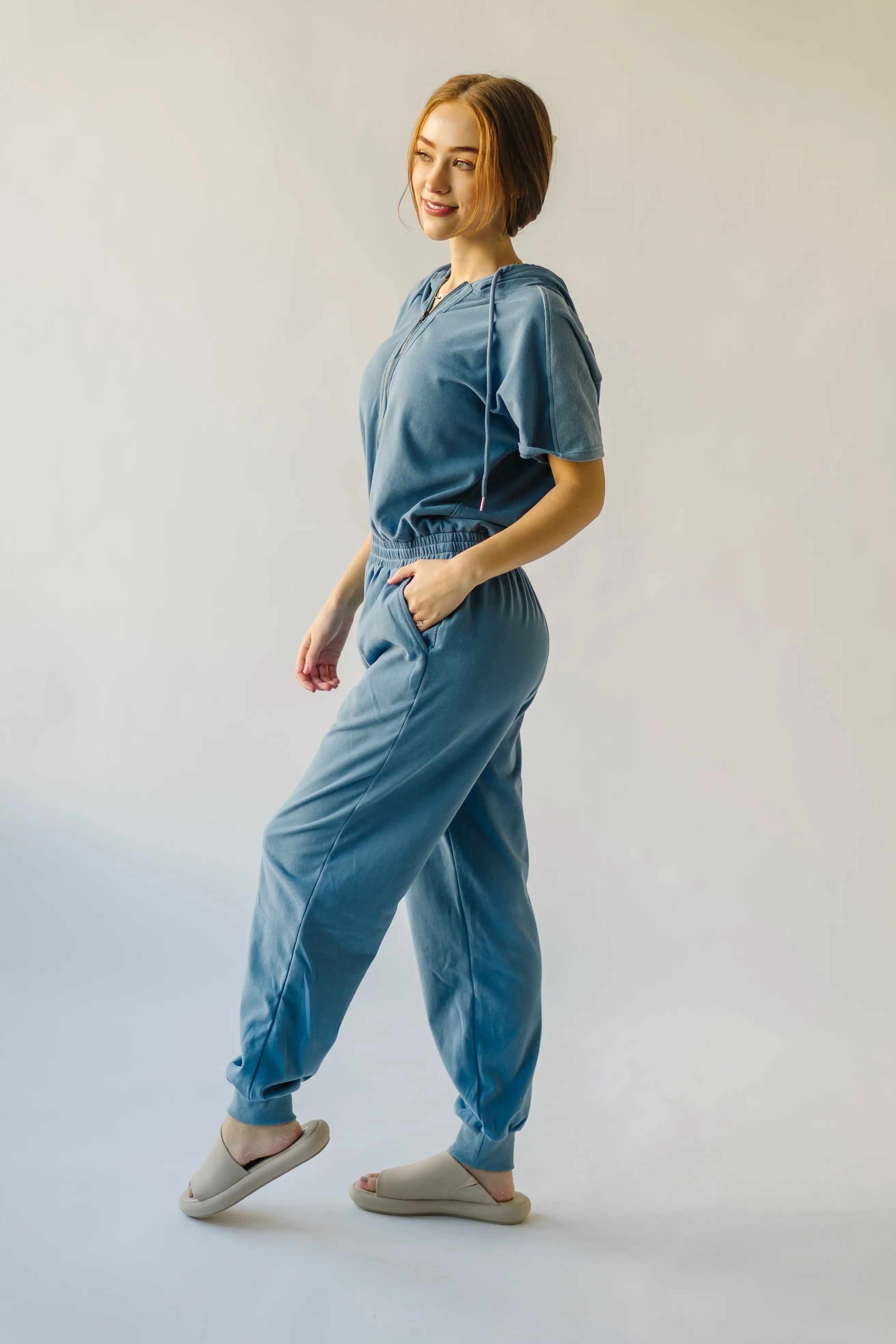 The Sullins Hooded Jumpsuit in Denim Blue