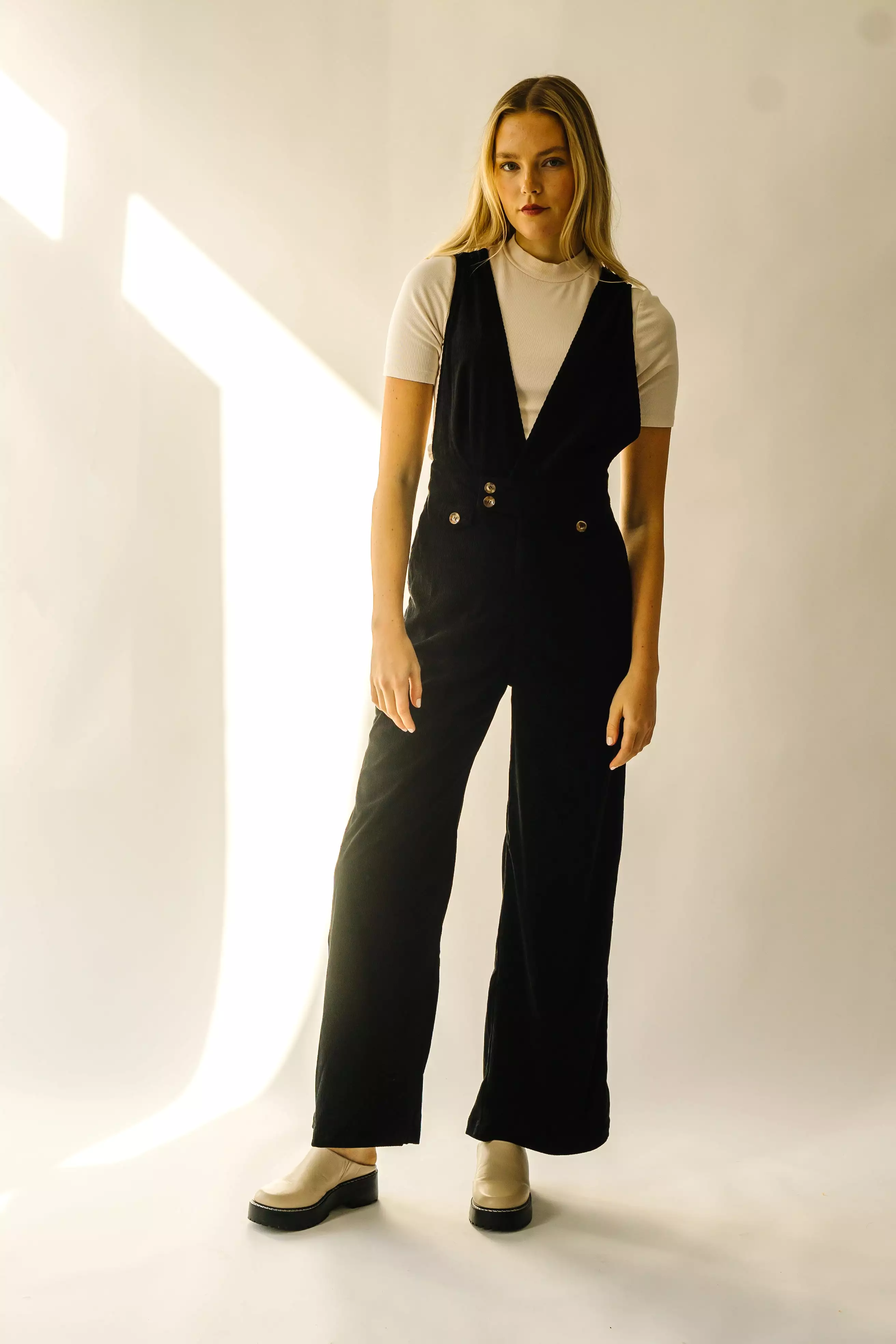 The Vidalia V-Neck Corduroy Jumpsuit in Black