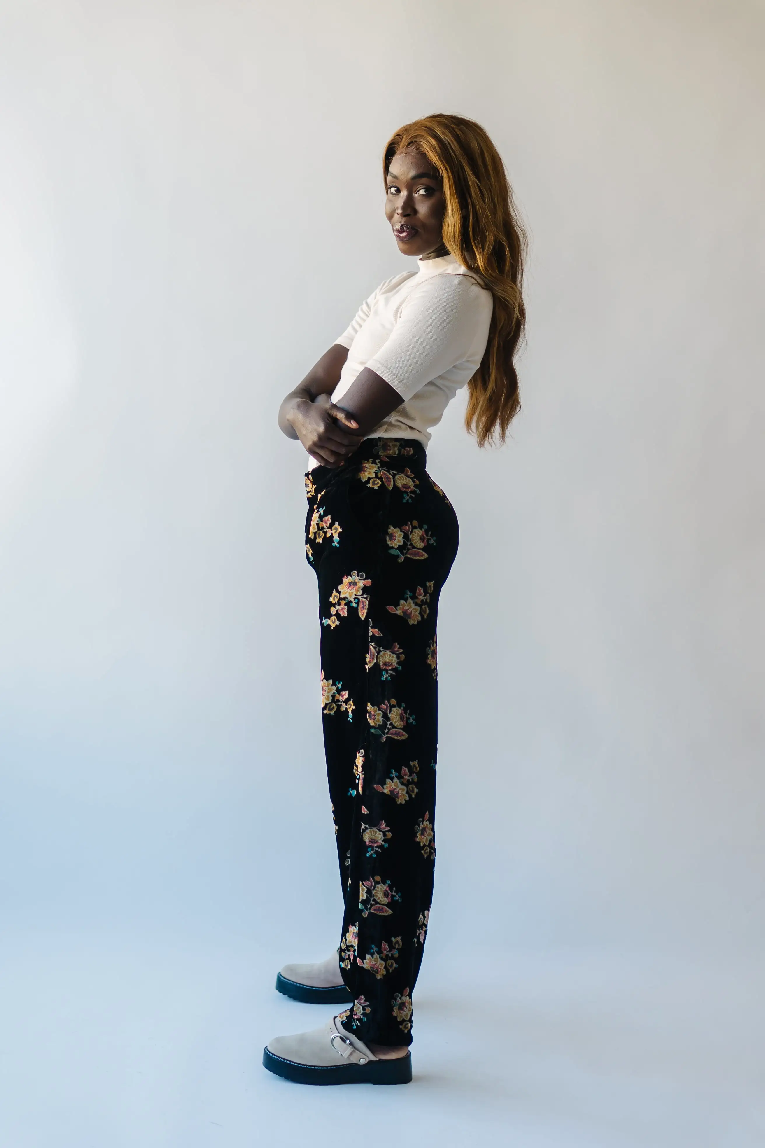 The Wingate Floral Trousers in Black Velvet