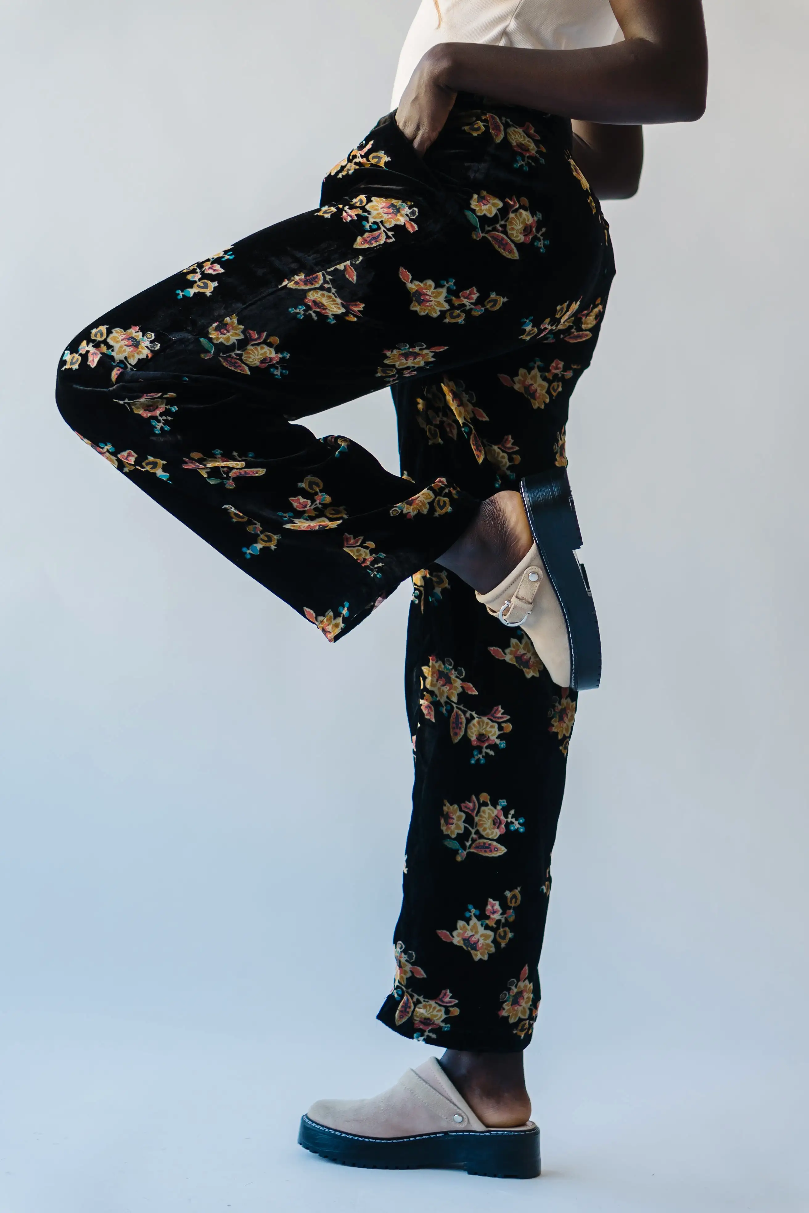 The Wingate Floral Trousers in Black Velvet