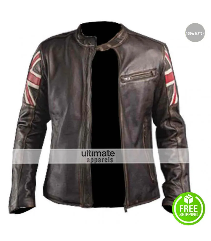 UK Flag Vintage Mens Motorcycle Cafe Racer Jacket