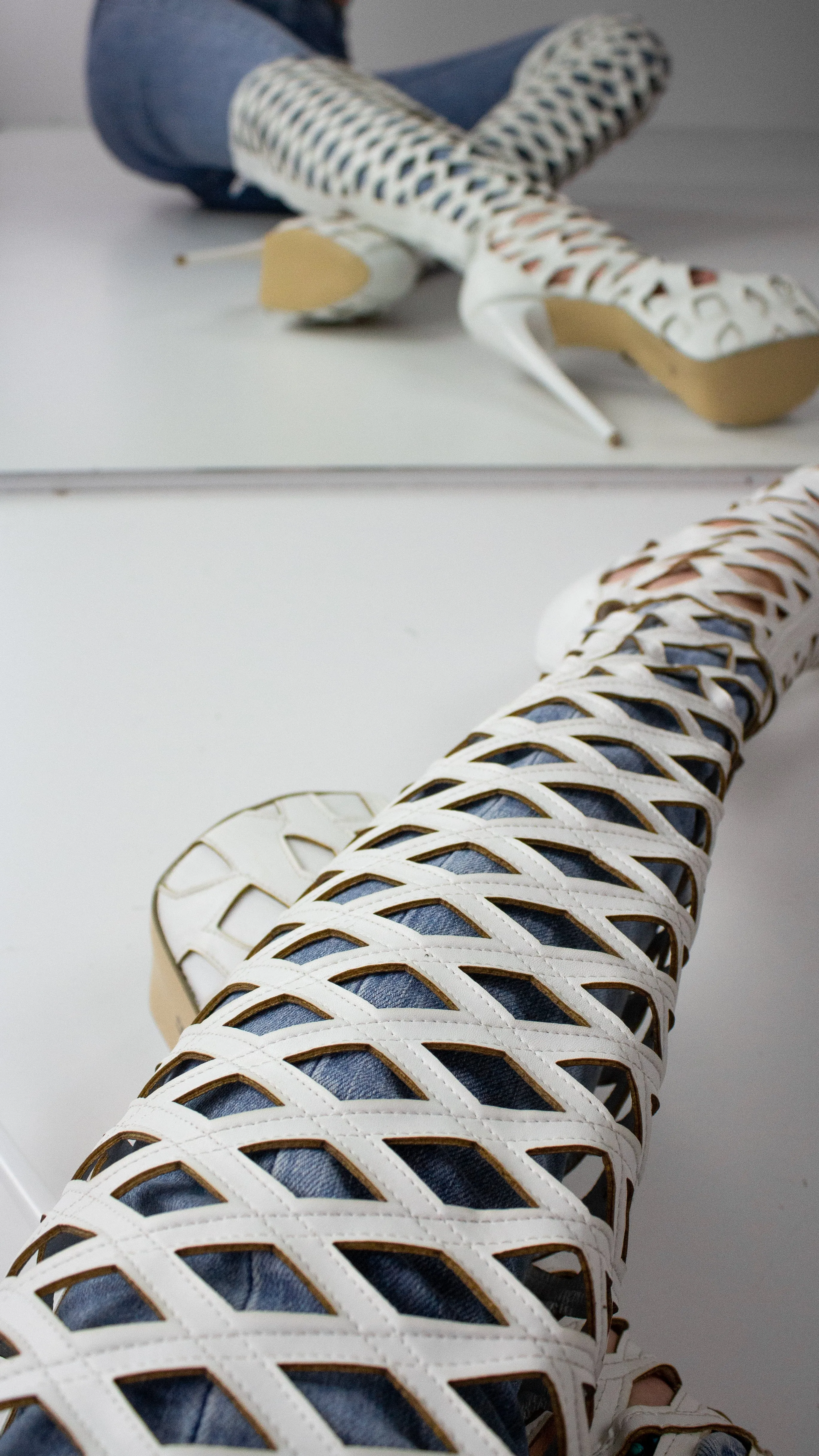 White Laser Cut Knee High Boots