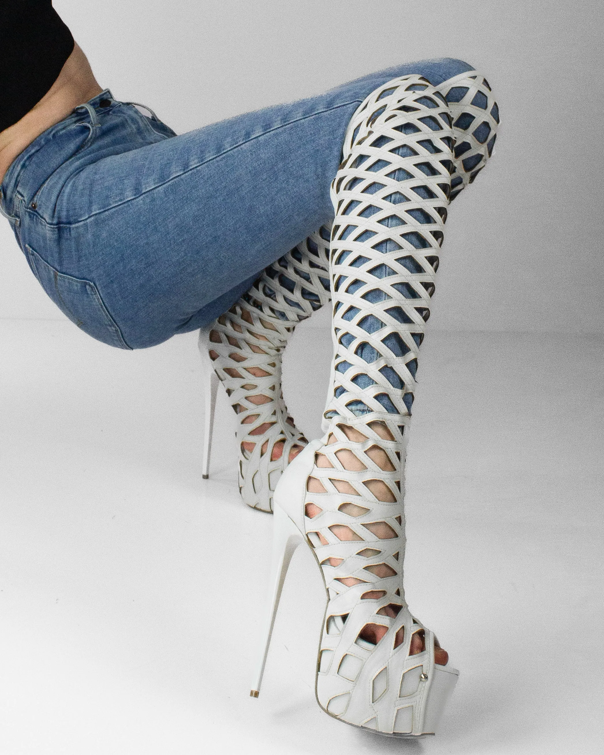 White Laser Cut Knee High Boots