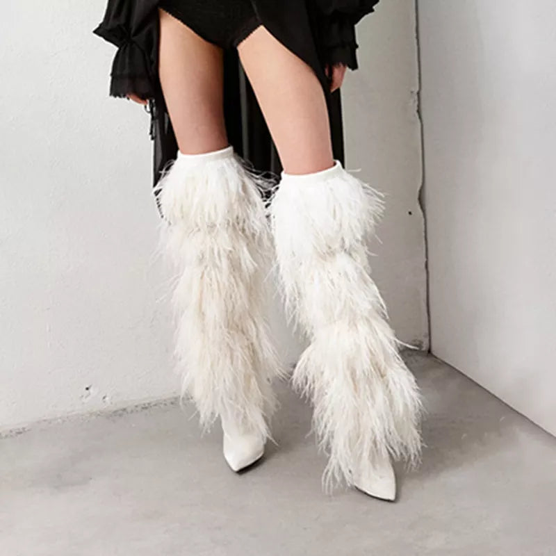 Women's Sexy Catwalk Tassel Thin High Heel Pointed Toe Knee-High Boots